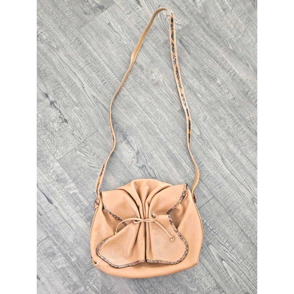 Carlos Falchi Butterfly Crossbody Vintage Bag Tan Leather Python Trim Drawstring